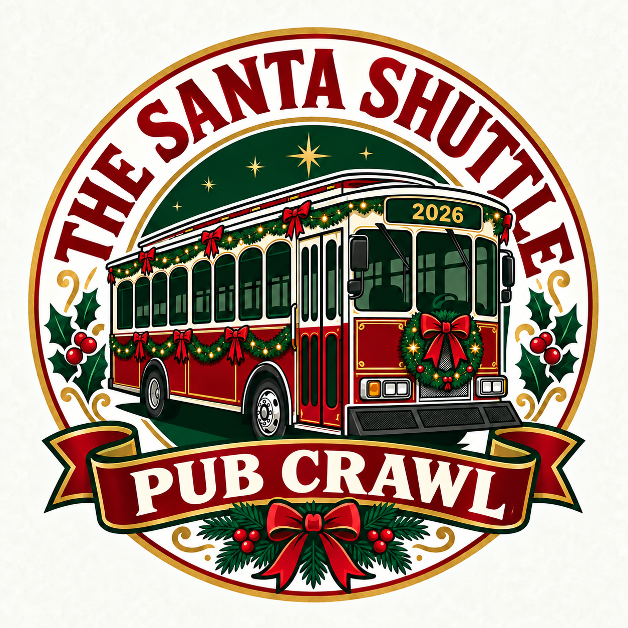 The Santa Shuttle Pub Crawl holiday trolley logo showing 2026